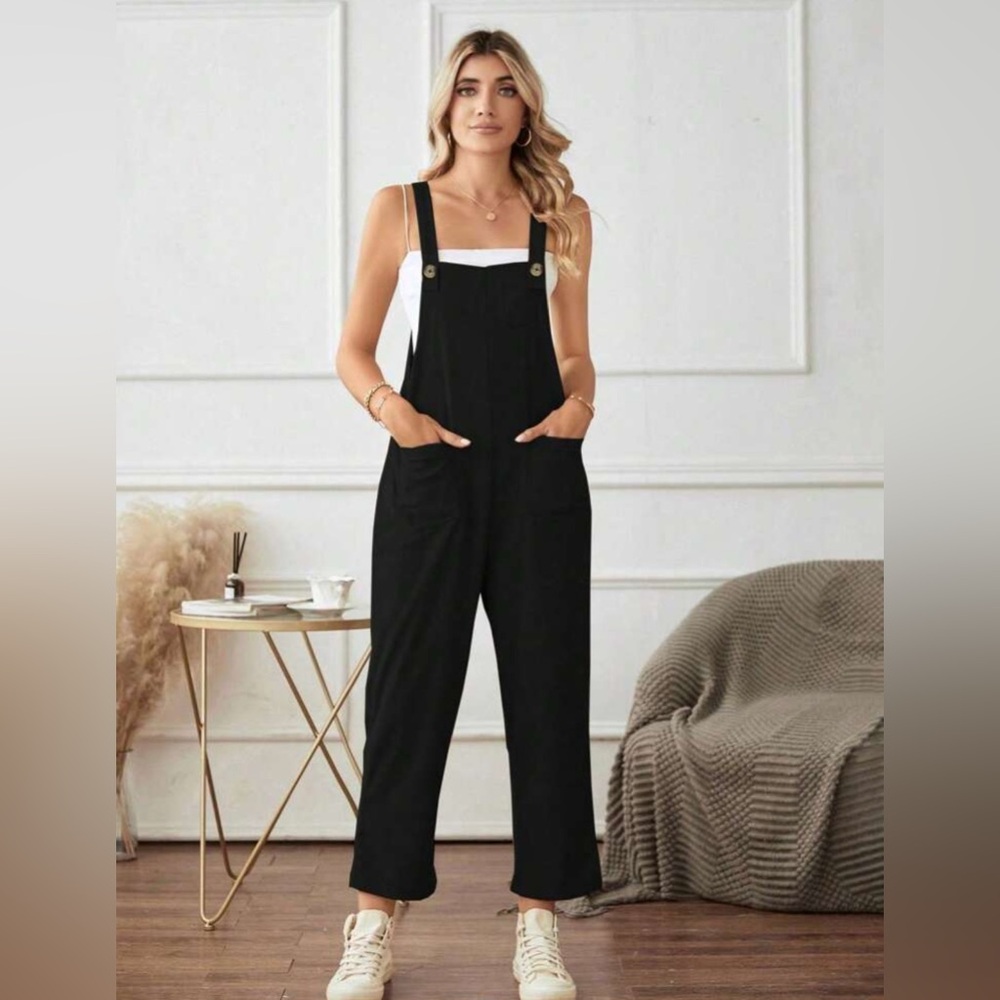 Shein Women’s Black Jumpsuit Overalls with Front Pockets- size L
